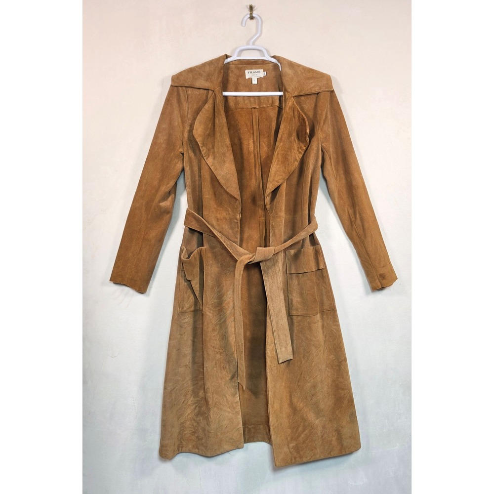 FRAME Suede Trench Coat Womens L Tan Boho Western READ FLAWED Need Cleaning